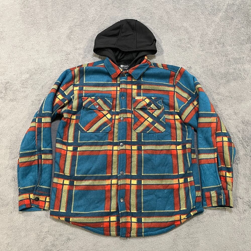 Matix Dark Teal Plaid Polar Fleece Faux Shearling Lined Hoodie Jacket Men's Sz M